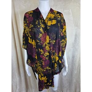 Marcus Adler New York Floral Kimono Wrap One Size Black Yellow Burgundy Shrug